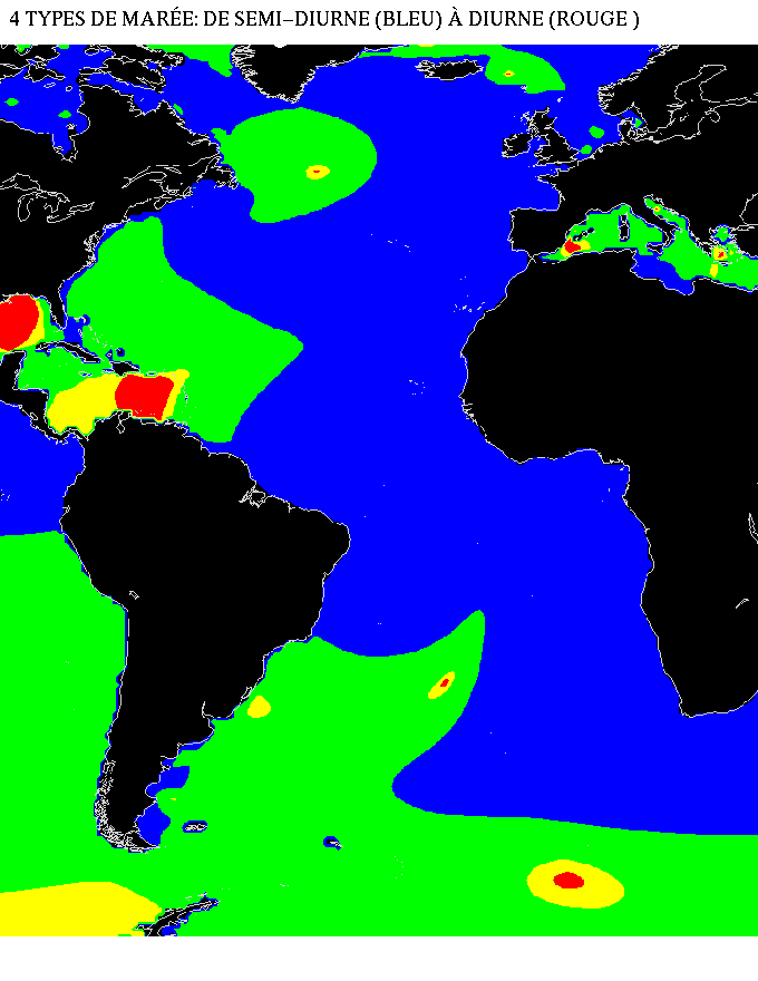 Atlantique : Zones d'apparition des différents type de marée