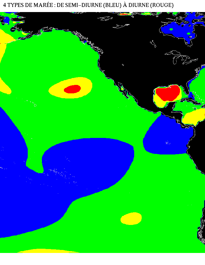 Pacifique : Zones d'apparition des différents type de marée