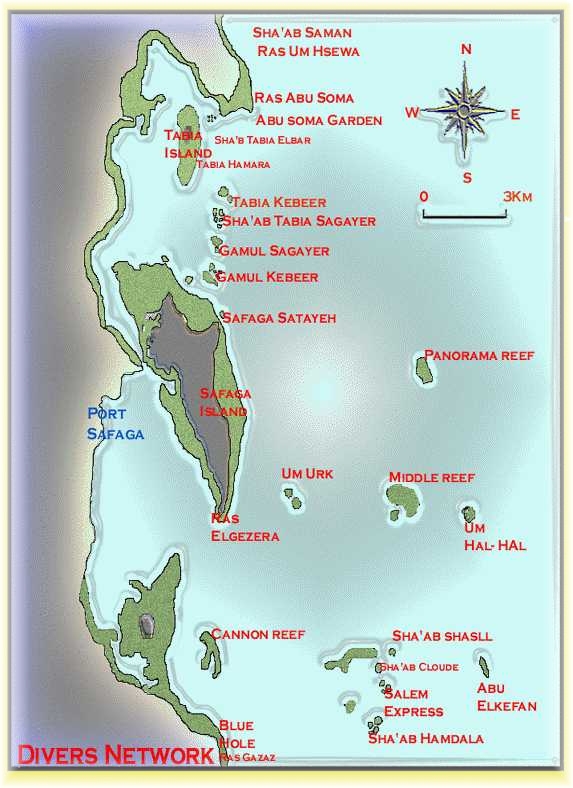 Safaga : carte des sites de plongée